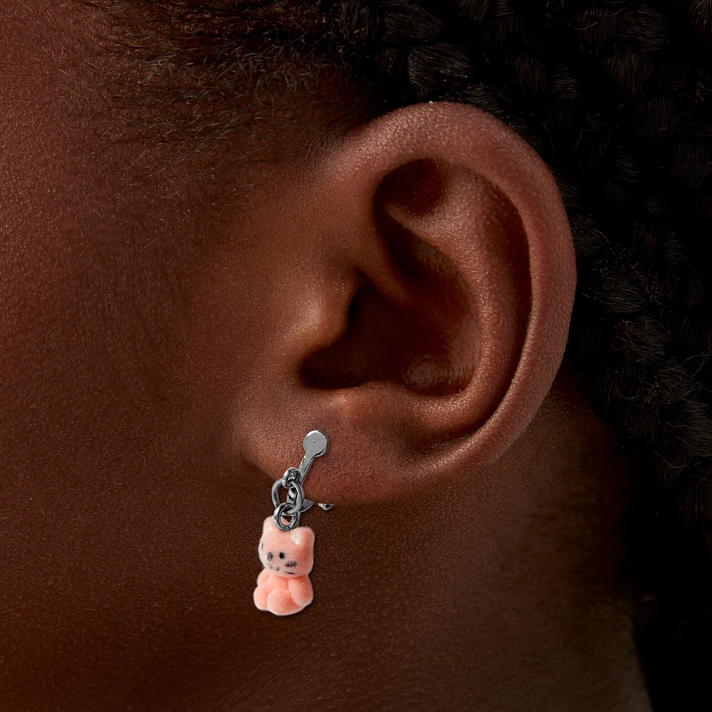 Pink Fuzzy Cat Clip-On Earrings