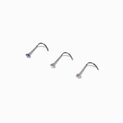 Silver Titanium 20G Clear, Pink, & Purple Nose Studs - 3 Pack