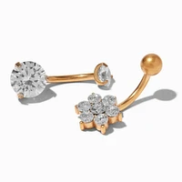 Gold-tone Titanium Cubic Zirconia Flower 14G Belly Bars - 2 Pack