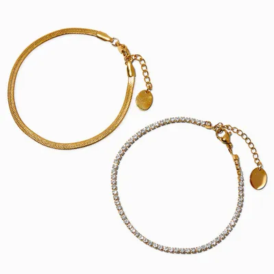 Gold-tone Stainless Steel Cubic Zirconia Snake & Cup Chain Bracelets - 2 Pack
