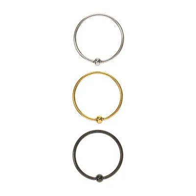 Silver, Gold & Black 20G Ball Hoop Nose Ring Set - 3 Pack