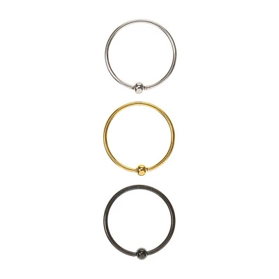 Silver, Gold & Black 20G Ball Hoop Nose Ring Set - 3 Pack