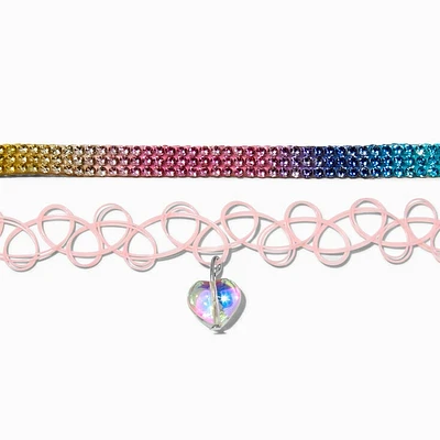 Rainbow Crystal & Pink Tattoo Heart Choker Necklaces - 2 Pack