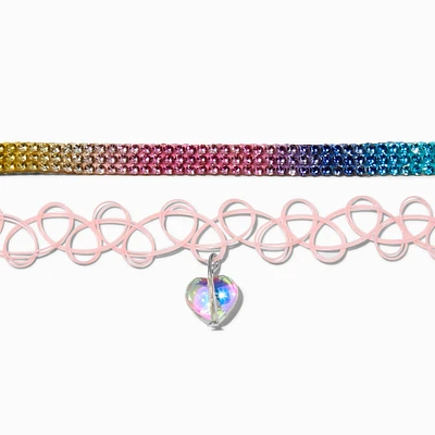 Rainbow Crystal & Pink Tattoo Heart Choker Necklaces - 2 Pack