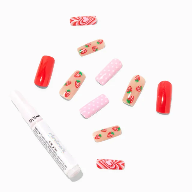 Glitter Strawberry Squareletto Vegan Faux Nail Set - 24 Pack