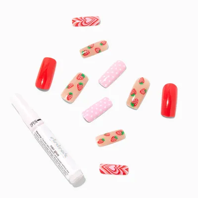 Strawberry Polka Dot Long Square Vegan Faux Nail Set - 24 Pack