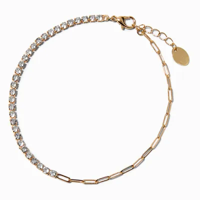 Gold Half Cubic Zirconia Paperclip Chain Anklet