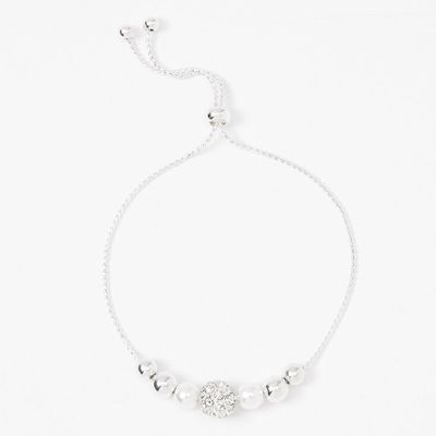 Silver Crystal Fireball & Pearl Bolo Bracelet