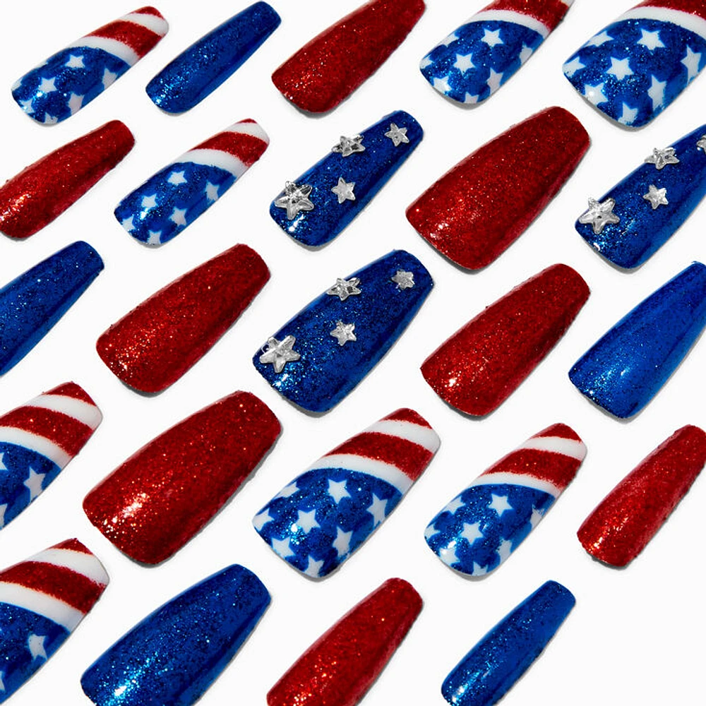 Glitter American Flag Squareletto Press On Faux Nail Set - 24 Pack