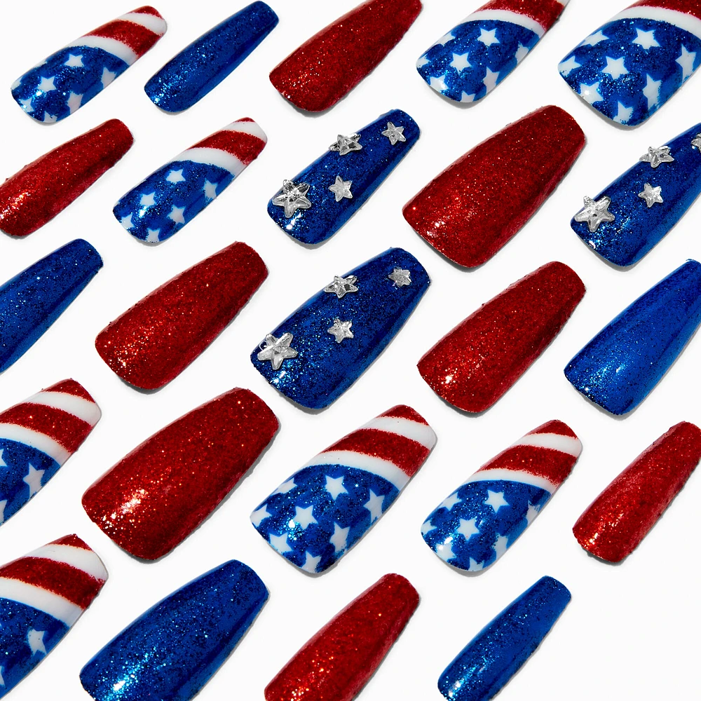 Glitter American Flag Squareletto Press On Faux Nail Set - 24 Pack