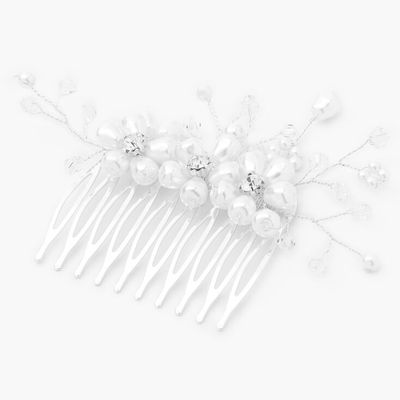 Silver Pearl & Rhinestone Flower Hair Comb