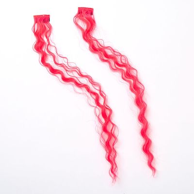 Curly Faux Hair Clip In Extensions - Neon Pink, 2 Pack