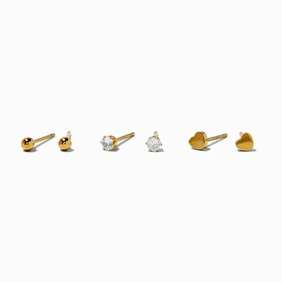 Gold-tone Stainless Steel Cubic Zirconia Heart Stud Earrings - 3 Pack