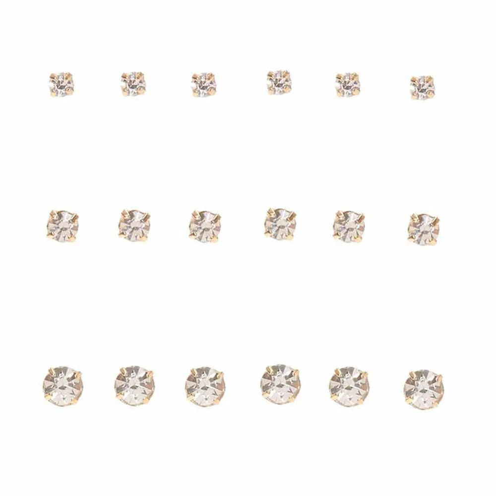 Gold Graduated Crystal Stud Earrings - 9 Pack