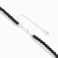 Silver Curb Chain & Black Beaded Multi-Strand Necklace