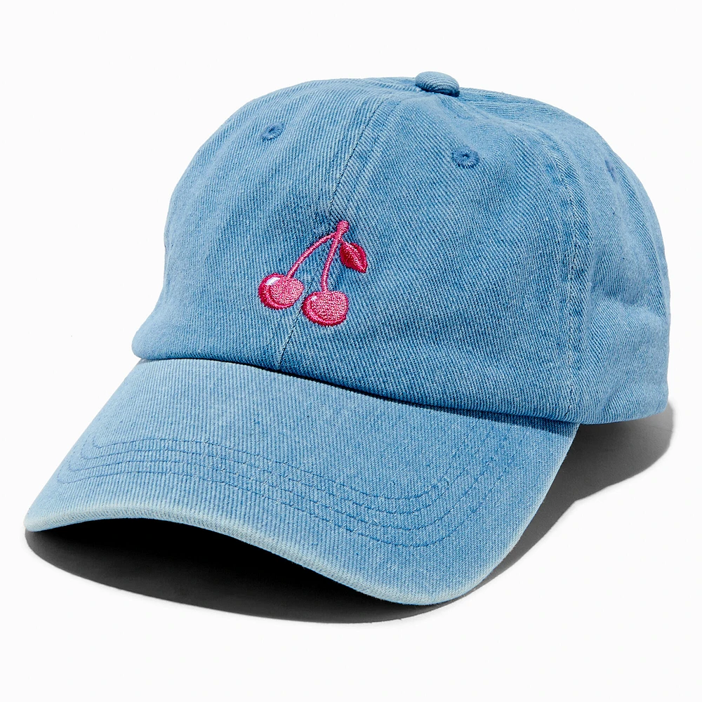 Embroidered Cherry Denim Baseball-Style Hat