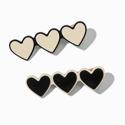 Cream & Black Three Heart Hair Clips - 2 Pack