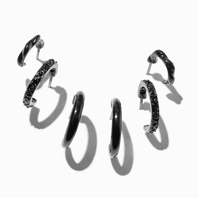 Black Graduated Embellished Huggie Hoop Earring Stackables Set - 3 Pack