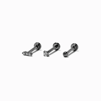 Silver-tone Titanium Cubic Zirconia Triple Linear Stud 18G Threadless Tragus Earring - 3 Pack