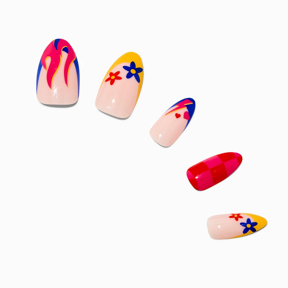 Red Check & Floral Icon Stiletto Vegan Faux Nail Set - 24 Pack