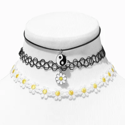 Black Yin Yang & Daisy Choker Necklaces - 3 Pack