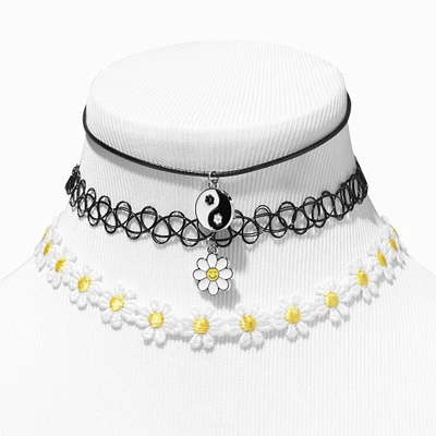 Black Yin Yang & Daisy Choker Necklaces - 3 Pack