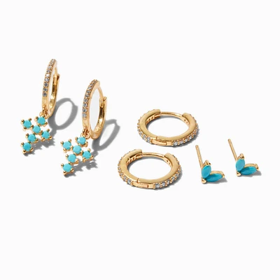 C LUXE by Claire's 18k Gold Plated Turquoise Cross Earring Stackables Set - 3 Pack