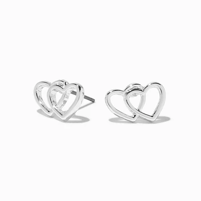 Silver-tone Double Heart Stud Earrings