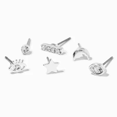 Silver Celestial Stackable Stud Earrings - 6 Pack