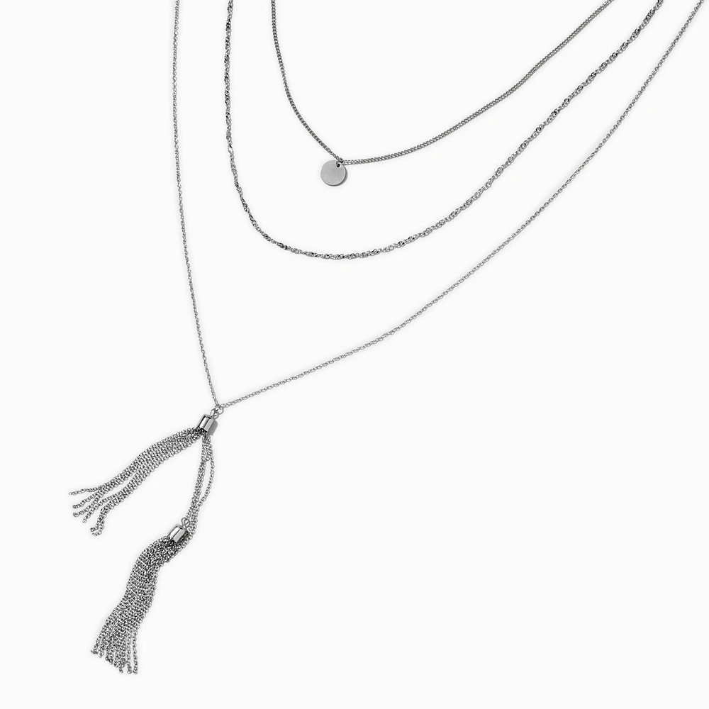 Silver-tone Tassel Bolo Disc Extended Length Multi-Strand Necklace