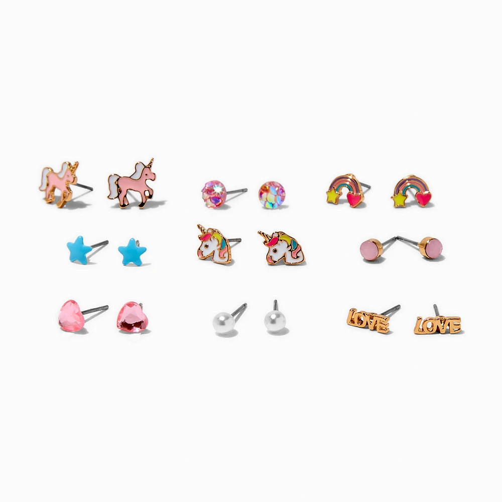 Pink Unicorn Stud Earrings - 9 Pack