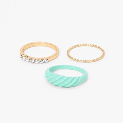 Gold Crystal and Enamel Rings - Mint, 3 Pack
