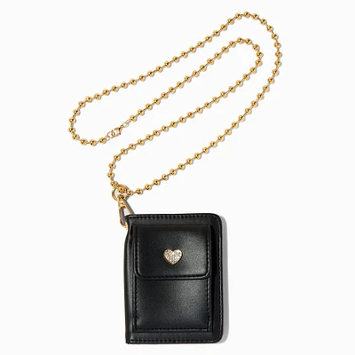 Crystal Heart Black Wallet with Gold-Tone Chain Lanyard