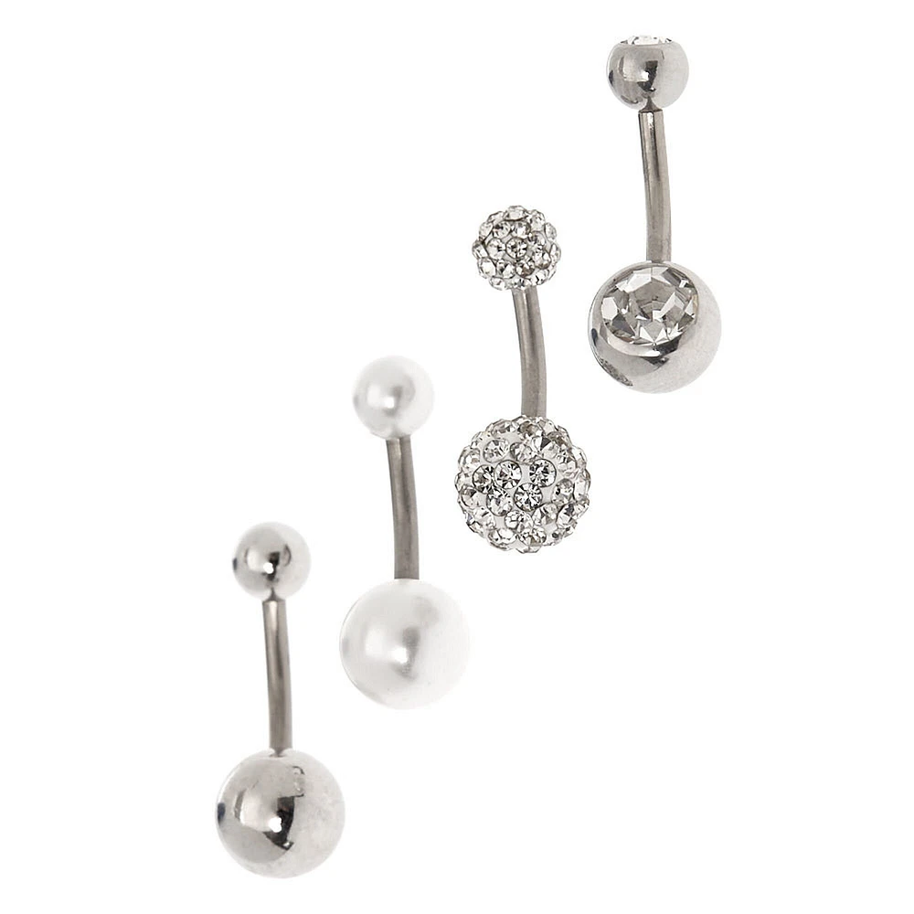 Silver 14G Crystal Pearl Belly Rings - 4 Pack