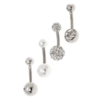 Silver-tone Titanium Crystal Pearl Mixed 14G Belly Bars - 4 Pack