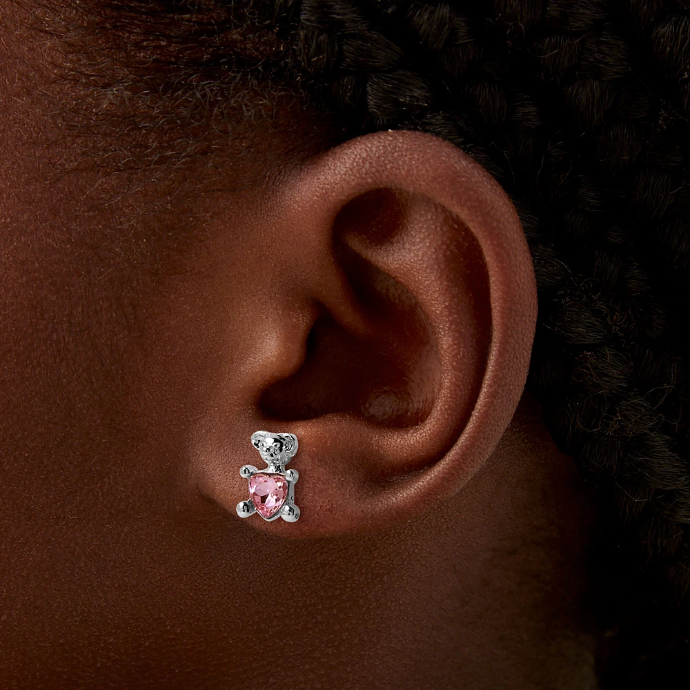 Pink Crystal Teddy Bear Stud Earrings