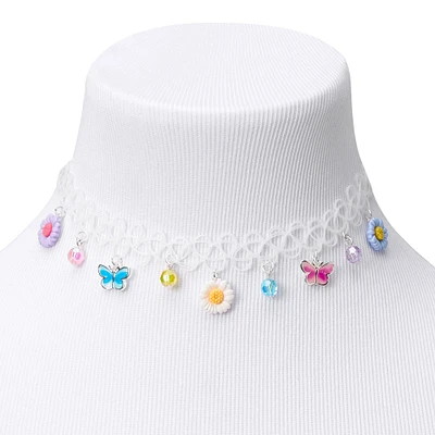 Butterflies & Flowers Tattoo Choker Necklace - White