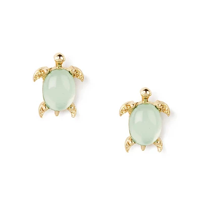 Gold-tone Turtle Mint Crystal Shell Stud Earrings