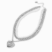 Silver-tone Puff Heart & Pearl Multi-Strand Necklace