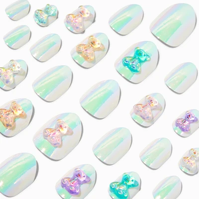 3D Bear Charm Iridescent Stiletto Press On Vegan Faux Nail Set - 24 Pack