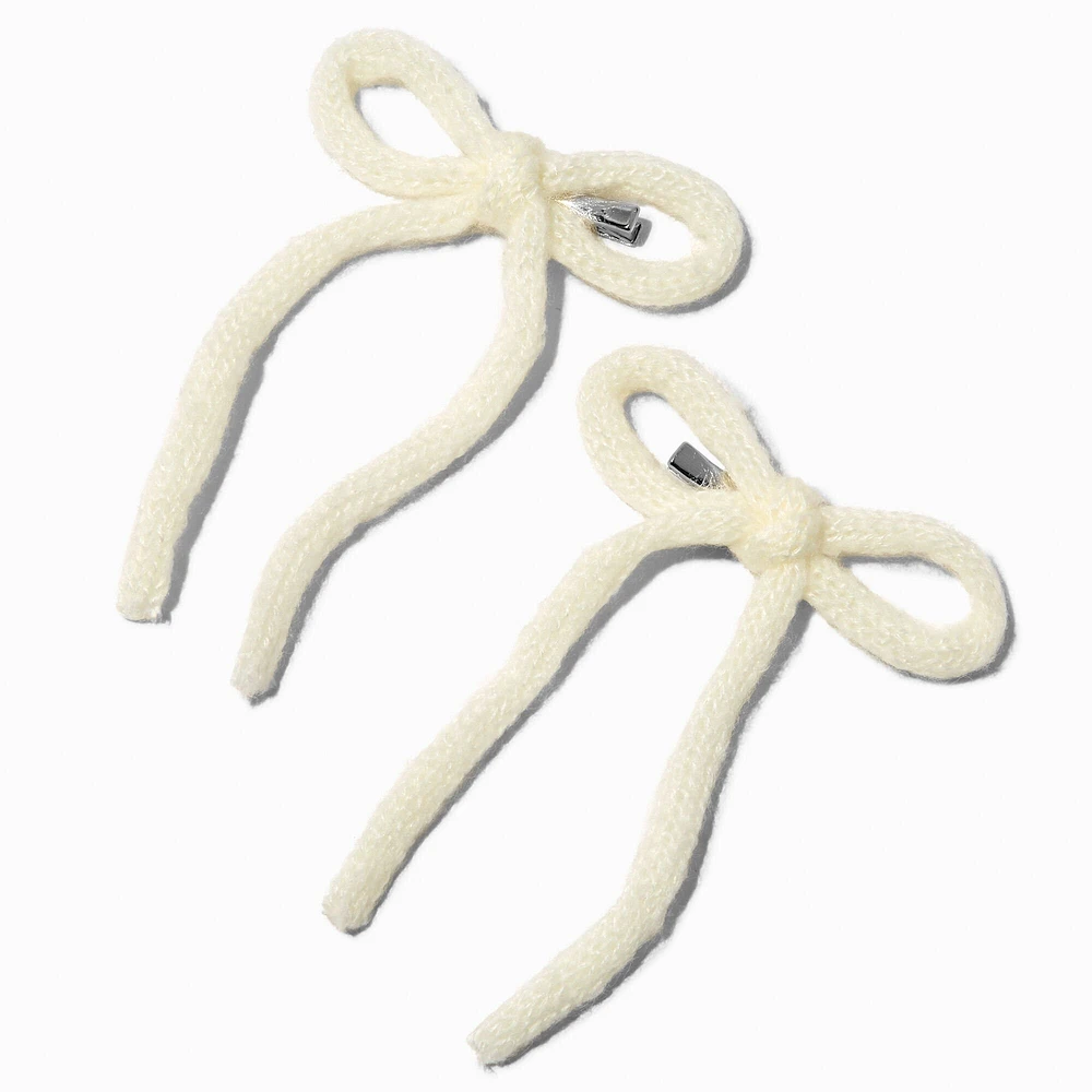 White Knit Hair Bow Clips - 2 Pack