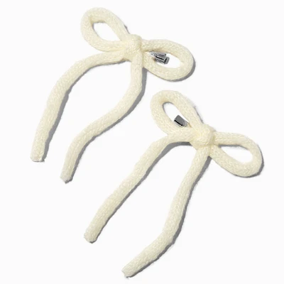 White Knit Hair Bow Clips - 2 Pack