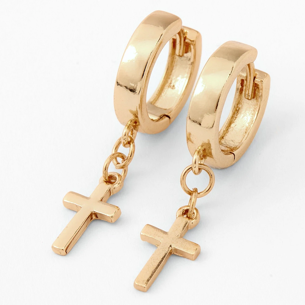 Gold 15MM Cross Huggie Hoop Earrings