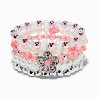 Pink Flower Beaded Bracelets - 5 Pack