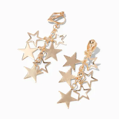 Gold 2" Star Clip On Drop Earrings