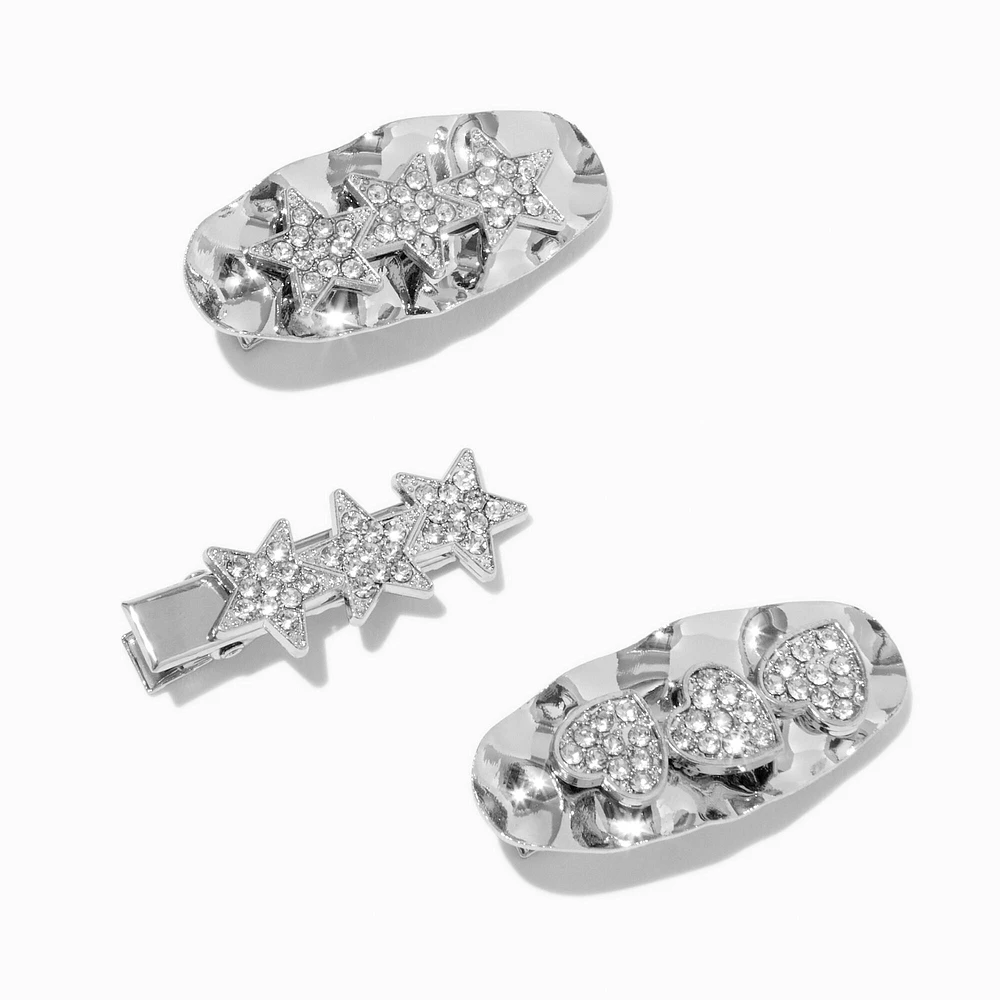 Silver-tone Hammered Star & Hearts Hair Clips - 3 Pack