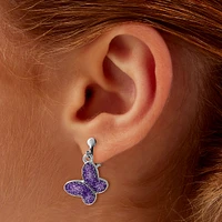 Purple Glitter Butterfly 1'' Clip-On Drop Earrings