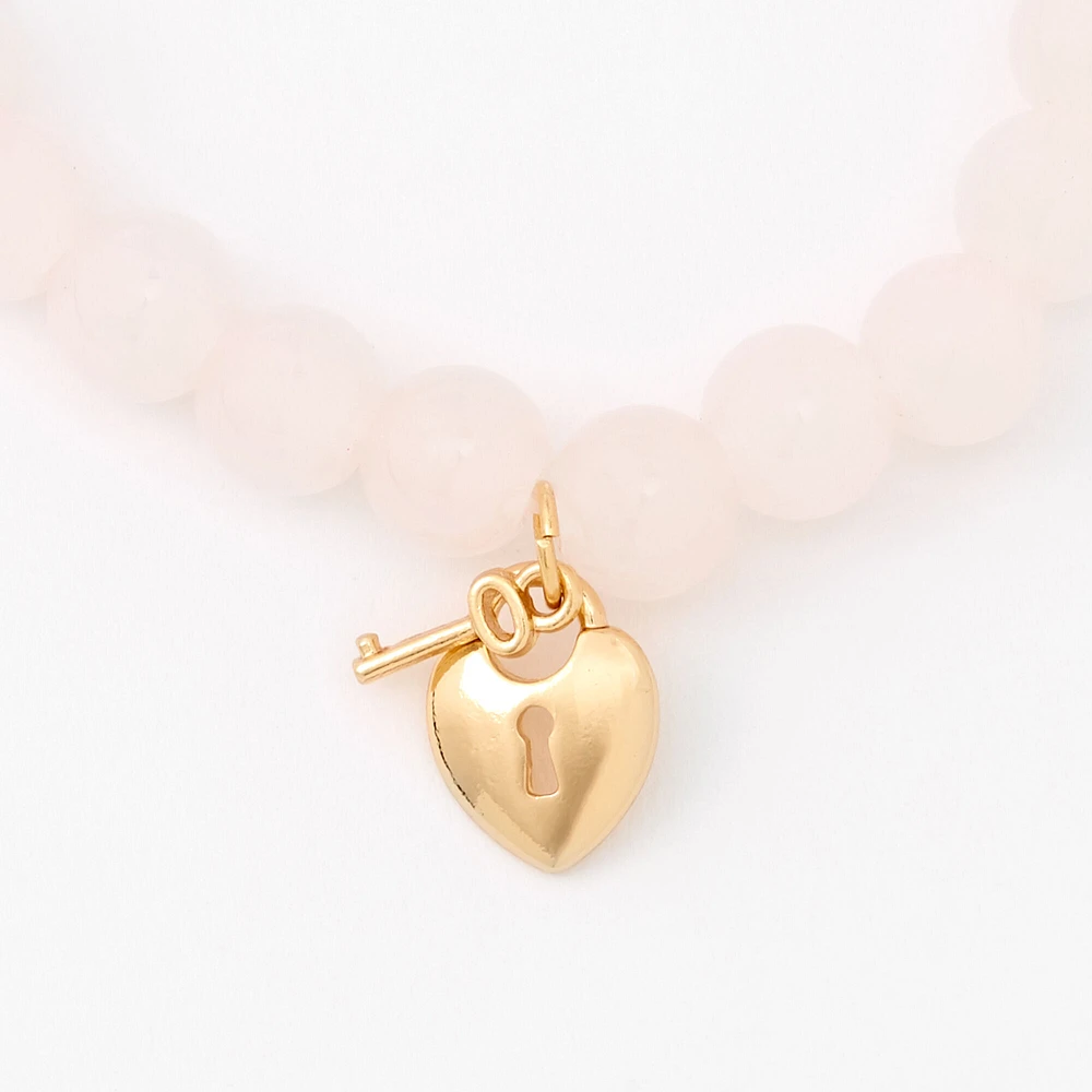 Gold Heart Lock & Key Blush Pink Beaded Stretch Bracelet