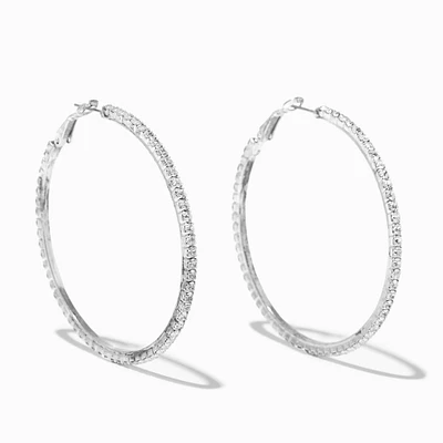 60MM Silver Tone Faux Crystal Lined Hoop Earrings