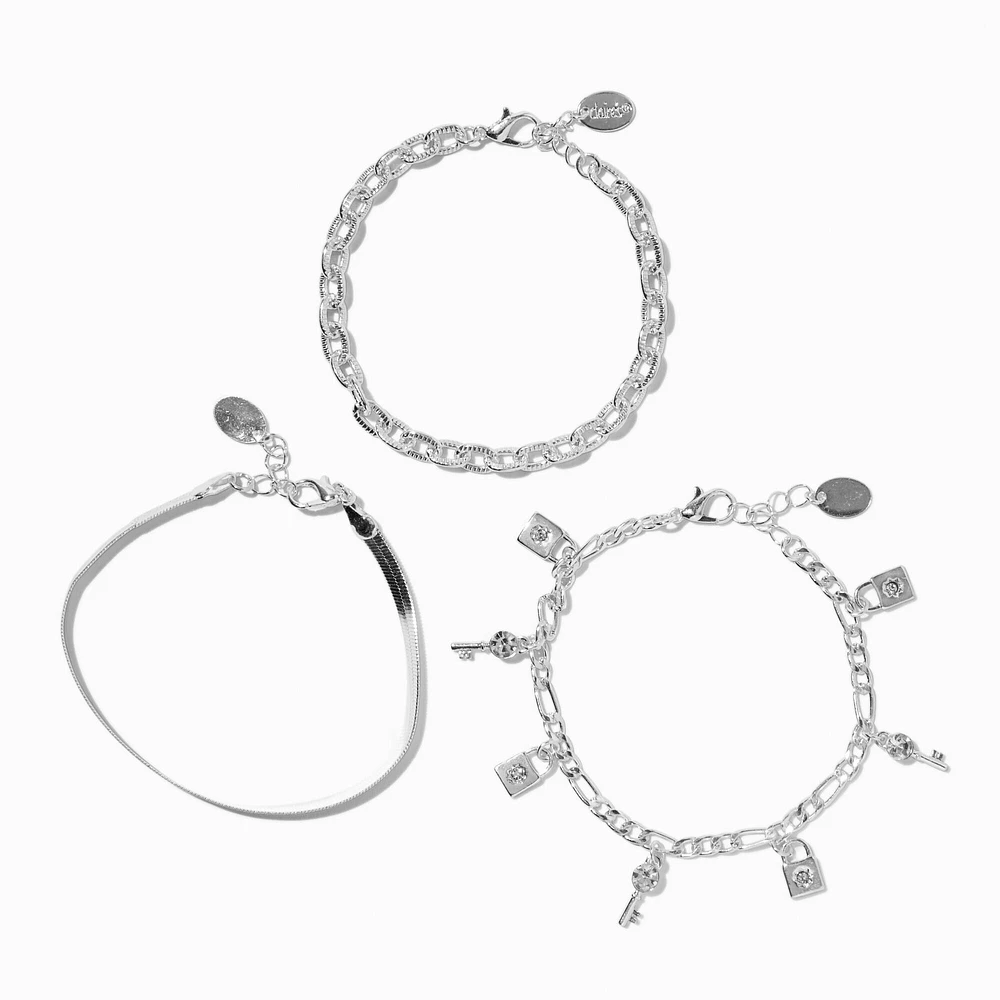 Silver-tone Lock & Key Snake Chain Bracelets - 3 Pack